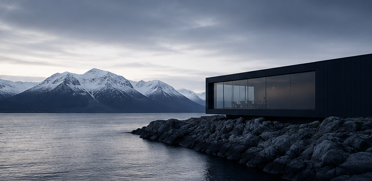 Nordic fjord at dusk with a modern dark architectural pavilion